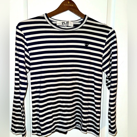 Commes des Garcons PLAY Navy and White Striped Long Sleeved Shirt Size Small - Picture 1 of 7